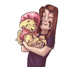 Size: 1100x1000 | Tagged: safe, artist:mannybcadavera, imported from derpibooru, fluttershy, human, pegasus, pony, crossover, duo, eyes closed, female, floppy ears, holding, holding a pony, hooves to the chest, hug, male, mare, metalocalypse, open mouth, simple background, smiling, toki wartooth, white background, wings