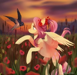 Size: 1717x1652 | Tagged: safe, artist:ijustmari, artist:marichan29, imported from derpibooru, fluttershy, bird, pegasus, pony, alternate hairstyle, female, flower, flower in hair, food, looking at each other, looking at someone, mare, outdoors, poppy, profile, rearing, smiling, solo, spread wings, sunset, swallow (bird), wheat, wings