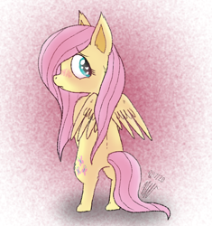 Size: 800x850 | Tagged: safe, artist:flutteryoshi952, imported from derpibooru, fluttershy, pegasus, pony, abstract background, bipedal, blushing, female, head turn, heart eyes, leg fluff, looking at you, looking back, looking back at you, mare, profile, rear view, shoulder fluff, solo, turned head, wingding eyes, wings