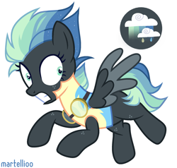 Size: 1913x1818 | Tagged: safe, artist:picasu, imported from derpibooru, oc, oc only, oc:stellar clouds, pegasus, pony, clothes, female, flying, freckles, goggles, gritted teeth, mare, raised hoof, raised leg, simple background, solo, uniform, white background, wonderbolt trainee uniform, wonderbolts
