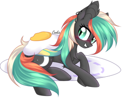 Size: 2776x2160 | Tagged: safe, artist:lazuli, artist:mint-light, imported from derpibooru, oc, oc only, oc:eliza skyler, bat pony, pony, base used, bat ponified, bat pony oc, bat wings, blushing, commission, ear piercing, earring, egg, female, grin, jewelry, lying down, mare, micro, piercing, plate, race swap, simple background, smiling, solo, transparent background, wings, ych result