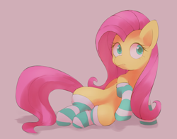 Size: 1400x1100 | Tagged: safe, artist:lexiedraw, imported from derpibooru, fluttershy, pegasus, pony, adorasexy, clothes, colored pupils, cute, female, mare, pink background, pixiv, sexy, shyabetes, simple background, sitting, socks, solo, striped socks