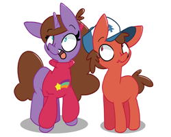 Size: 2500x2000 | Tagged: safe, artist:kindakismet, imported from derpibooru, pony, unicorn, braces, brother and sister, clothes, dipper pines, female, gravity falls, hat, mabel pines, male, ponified, rainbow, siblings, simple background, sweater, white background