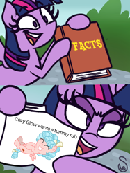 Size: 760x1015 | Tagged: safe, artist:frownfactory, artist:quarium edits, edit, imported from derpibooru, cozy glow, twilight sparkle, alicorn, pegasus, pony, marks for effort, 2 panel comic, bellyrubs, comic, cozybetes, cute, cutie mark, ed edd n eddy, exploitable, exploitable meme, eyes closed, female, filly, image macro, mare, meme, simple background, smiling, twilight sparkle (alicorn), twilight's fact book, wings