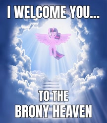 Size: 1384x1600 | Tagged: safe, edit, imported from derpibooru, twilight sparkle, alicorn, pony, the ending of the end, a man can dream, beautiful, brony heaven, bronybait, caption, cloud, cozy, crepuscular rays, divine, female, floating, game over, goddess, good end, heaven, horn, image macro, kingdom of heaven, light, looking at you, mare, meme, reality sucks, rest in peace, scenery, sky, smiling, smiling at you, solo, spread hooves, spread wings, sun ray, text, twilight sparkle (alicorn), welcome, windswept mane, wings