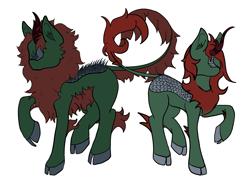 Size: 1800x1300 | Tagged: safe, artist:inanimatelotus, imported from derpibooru, oc, oc:herbal remedy, dragon, kirin, barb, cloven hooves, duo, fluffy, headcanon, lore, male and female, mane, rule 63, scales, simple background, white background