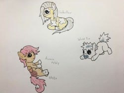 Size: 722x542 | Tagged: safe, artist:carty, imported from derpibooru, oc, oc only, oc:aurora melody, oc:goldenflower, oc:winter fire, earth pony, pegasus, foal, pacifier, traditional art