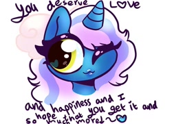 Size: 1024x742 | Tagged: safe, alternate version, artist:iloveehlm, imported from derpibooru, oc, oc:fleurbelle, alicorn, adorabelle, alicorn oc, bow, cute, encouragement, female, hair bow, horn, mare, one eye closed, positive ponies, speechless, wings, wink, winking at you