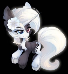 Size: 900x972 | Tagged: safe, artist:a-lunar-eclipse, imported from derpibooru, oc, oc only, oc:lunar eclipse, unicorn, black background, cloven hooves, female, flower, flower in hair, grin, heterochromia, horn, mare, simple background, smiling, two toned coat, two-tone coat, unshorn fetlocks