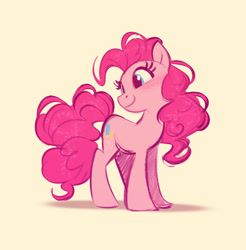 Size: 1200x1219 | Tagged: safe, artist:imalou, imported from derpibooru, pinkie pie, earth pony, pony, blushing, cute, diapinkes, female, happy, head tilt, looking back, mare, shadow, simple background, smiling, solo, tan background