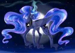 Size: 1280x906 | Tagged: safe, artist:harmoneii, imported from derpibooru, princess luna, alicorn, pony, deviantart watermark, female, full moon, glowing horn, hoof fluff, horn, long feather, mare, moon, obtrusive watermark, solo, stars, watermark