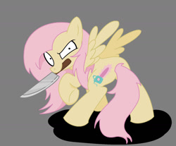 Size: 1396x1156 | Tagged: safe, artist:xx-avj-xx, imported from derpibooru, fluttershy, pegasus, pony, .mov, shed.mov, alternate cutie mark, gray background, knife, looking at you, mouth hold, simple background