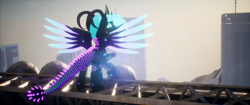 Size: 3840x1620 | Tagged: safe, artist:phoenixtm, imported from derpibooru, oc, oc:phoenix stardash, cyborg, original species, 3d, building, ceikraill, city, spread wings, unreal engine, wings