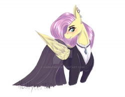 Size: 1280x999 | Tagged: safe, artist:harmoneii, imported from derpibooru, fluttershy, pegasus, pony, fake it 'til you make it, clothes, deviantart watermark, dress, ear piercing, earring, eyeshadow, female, fluttergoth, jewelry, makeup, mare, necklace, obtrusive watermark, piercing, simple background, solo, watermark, white background