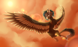 Size: 3280x2000 | Tagged: safe, artist:leawarriors, imported from derpibooru, oc, oc only, pegasus, pony, art trade, arttrade, cloud, coat markings, colored hooves, colored wings, ear fluff, ear piercing, flying, large wings, lens flare, leonine tail, light, piercing, socks (coat marking), socks (coat markings), solo, spread wings, sun, sunset, wings