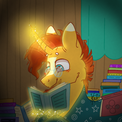 Size: 768x768 | Tagged: safe, artist:valkiria, derpibooru exclusive, imported from derpibooru, sunburst, unicorn, beard, blanket, blushing, book, curtains, cute, ear fluff, facial hair, fluffy, glasses, glowing horn, happy, horn, magic, messy mane, reading, reading a book, smiling, stars