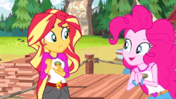 Size: 1280x720 | Tagged: safe, edit, edited screencap, imported from derpibooru, screencap, pinkie pie, sunset shimmer, equestria girls, legend of everfree, animated, completing the mission, ellie (henry stickmin), ellie rose, female, henry stickmin collection, seizure warning, sound, sunset sees things, webm