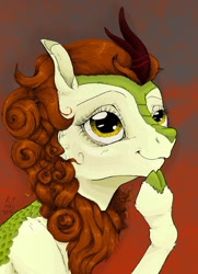 Size: 1024x1413 | Tagged: safe, artist:rachelmacready, imported from derpibooru, autumn blaze, kirin, female, mixed media, smiling, solo