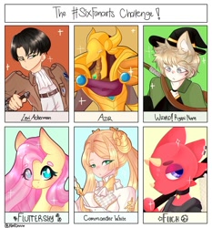 Size: 1080x1159 | Tagged: safe, artist:kimi.chuu, imported from derpibooru, fluttershy, anthro, chameleon, human, pegasus, pony, six fanarts, animal crossing, anthro with ponies, armor, attack on titan, azir, bedroom eyes, choker, clothes, commander white, crossover, eye clipping through hair, female, flick, league of legends, levi ackerman, male, mare, net, nier: automata, one eye closed, super secret, wink