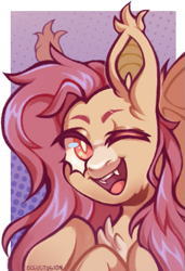 Size: 471x689 | Tagged: safe, artist:occultusion, artist:onionpwder, imported from derpibooru, fluttershy, bat pony, pony, alternate hairstyle, bat ponified, chest fluff, cute, cute little fangs, ear fluff, fangs, female, flutterbat, mare, one eye closed, open mouth, race swap, shyabates, shyabetes, solo, wink