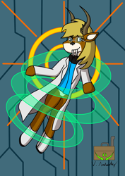 Size: 2481x3506 | Tagged: safe, artist:vol_audacity, imported from derpibooru, oc, oc only, oc:leviathan "vol" audacity, deer, deer pony, original species, cel shading, clothes, glasses, lab coat, shading, smiling, solo