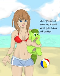 Size: 878x1101 | Tagged: safe, artist:carpdime, imported from derpibooru, oc, oc only, oc:avocado, fluffy pony, human, series:little avocado, absolute cleavage, beach, belly button, bikini, bikini top, breasts, cleavage, clothes, cute, hugbox, shorts, sports shorts, swimsuit