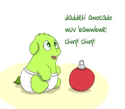 Size: 534x465 | Tagged: safe, artist:carpdime, imported from derpibooru, oc, oc only, oc:avocado, fluffy pony, series:little avocado, baby, bauble, christmas, diaper, fluffy pony foal, foal, holiday, hugbox