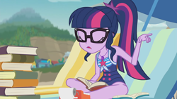 Size: 3000x1687 | Tagged: safe, edit, edited screencap, imported from derpibooru, screencap, sci-twi, twilight sparkle, equestria girls, equestria girls series, friendship math, adding machine, beach chair, book, chair, clothes, cute, female, geode of telekinesis, glasses, legs, magical geodes, paper, ponytail, sci-twi swimsuit, sleeveless, solo, swimsuit, thighs, twiabetes, umbrella