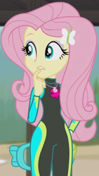 Size: 868x1541 | Tagged: safe, imported from derpibooru, screencap, fluttershy, equestria girls, equestria girls series, unsolved selfie mysteries, beach, clothes, cropped, dive mask, diving goggles, diving suit, female, fluttershy's wetsuit, geode of fauna, magical geodes, snorkel, solo, swimsuit, wetsuit