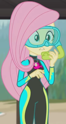 Size: 824x1541 | Tagged: safe, imported from derpibooru, screencap, fluttershy, equestria girls, equestria girls series, unsolved selfie mysteries, beach, clothes, cropped, cute, dive mask, diving goggles, diving suit, female, fluttershy's wetsuit, geode of fauna, magical geodes, shyabetes, snorkel, solo, swimsuit, wetsuit