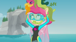 Size: 1920x1080 | Tagged: safe, imported from derpibooru, screencap, fluttershy, human, equestria girls, equestria girls series, unsolved selfie mysteries, animation error, armpits, beach, clothes, cute, dive mask, diving goggles, diving suit, female, fluttershy's wetsuit, geode of empathy, geode of fauna, geode of shielding, geode of sugar bombs, geode of super speed, geode of super strength, geode of telekinesis, goggles, hairpin, magical geodes, ocean, rock horse, seaweed, shyabetes, snorkel, solo, swimsuit, wet, wet hair, wetsuit