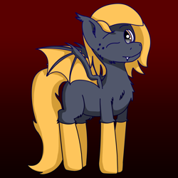 Size: 2400x2400 | Tagged: safe, artist:tav, imported from derpibooru, oc, oc only, oc:seira, bat pony, pony, bat wings, chest fluff, clothes, ear fluff, fangs, fluffy, one eye closed, simple background, socks, solo, wings, wink