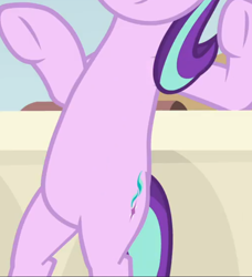 Size: 658x722 | Tagged: safe, imported from derpibooru, screencap, starlight glimmer, pony, a horse shoe-in, belly, bipedal, bipedal leaning, cropped, female, leaning, pictures of bellies, solo