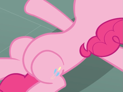 Size: 717x538 | Tagged: safe, imported from derpibooru, screencap, pinkie pie, pony, too many pinkie pies, belly, cropped, featureless crotch, female, lying down, on back, pictures of bellies, solo