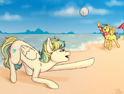 Size: 3000x2280 | Tagged: safe, artist:sad_smoker, imported from derpibooru, oc, oc only, oc:cloudy zap, oc:sora seeds, pegasus, pony, icey-verse, ball, beach, commission, duo, ear piercing, earring, eyebrow piercing, female, jewelry, magical gay spawn, mare, multicolored hair, offspring, open mouth, parent:braeburn, parent:sky stinger, parent:soarin', parent:vapor trail, parents:soarburn, parents:vaporsky, piercing, raised hoof, raised leg, sand, sports, summer, tattoo, umbrella, underhoof, volleyball, water, ych result