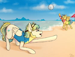 Size: 3000x2280 | Tagged: safe, alternate version, artist:sad_smoker, imported from derpibooru, oc, oc only, oc:cloudy zap, oc:sora seeds, pegasus, pony, icey-verse, ball, beach, clothes, commission, duo, ear piercing, earring, eyebrow piercing, female, goggles, jewelry, magical gay spawn, mare, multicolored hair, offspring, open mouth, parent:braeburn, parent:sky stinger, parent:soarin', parent:vapor trail, parents:soarburn, parents:vaporsky, piercing, raised hoof, raised leg, sand, shorts, sports, summer, swimming trunks, tattoo, trunks, umbrella, underhoof, uniform, volleyball, water, wonderbolt trainee uniform, wonderbolts, ych result