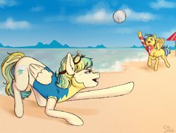 Size: 3000x2280 | Tagged: safe, alternate version, artist:sad_smoker, imported from derpibooru, oc, oc only, oc:cloudy zap, oc:sora seeds, pegasus, pony, icey-verse, ball, beach, clothes, commission, duo, ear piercing, earring, eyebrow piercing, female, goggles, jewelry, magical gay spawn, mare, multicolored hair, offspring, open mouth, parent:braeburn, parent:sky stinger, parent:soarin', parent:vapor trail, parents:soarburn, parents:vaporsky, piercing, raised hoof, raised leg, sand, sports, summer, tattoo, umbrella, underhoof, uniform, volleyball, water, wonderbolt trainee uniform, wonderbolts, ych result