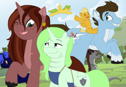 Size: 1079x746 | Tagged: safe, artist:kaylathehedgehog, imported from derpibooru, oc, oc only, oc:darksea, oc:kayla, oc:merriweather, oc:potluck, oc:xirnoch, pony, unicorn, female, mare