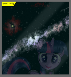 Size: 3840x4154 | Tagged: safe, artist:damlanil, imported from derpibooru, twilight sparkle, alicorn, pony, clothes, collar, comic, cutie mark collar, female, galaxy, horn, latex, latex suit, makeup, mare, nebula, planetary nebula, rubber, shiny, shiny mane, show accurate, solo, space, stars, text, twilight sparkle (alicorn), vector, window, wings