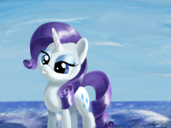 Size: 2240x1680 | Tagged: safe, artist:flusanix, imported from derpibooru, rarity, pony, unicorn, female, grin, mare, scenery, smiling, solo, water