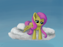 Size: 2000x1500 | Tagged: safe, artist:flusanix, imported from derpibooru, fluttershy, pegasus, pony, cloud, female, lying on a cloud, mare, on a cloud, solo