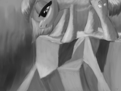 Size: 2000x1500 | Tagged: safe, artist:flusanix, imported from derpibooru, limestone pie, earth pony, pony, crying, female, grayscale, mare, monochrome, rock, sad, solo