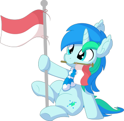 Size: 6511x6359 | Tagged: safe, artist:cyanlightning, imported from derpibooru, oc, oc only, oc:cyan lightning, pony, unicorn, derpibooru community collaboration, .svg available, 2021 community collab, absurd resolution, colt, flag, flag pole, indonesia, indonesian, indonesian independence day, male, mouth hold, simple background, sitting, solo, transparent background, vector