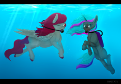 Size: 2168x1513 | Tagged: safe, artist:nyota71, imported from derpibooru, oc, oc:frosty, oc:kat, pegasus, pony, unicorn, bubble, colored hooves, colored pupils, commission, diving, female, looking at you, mare, one eye closed, scuba, scuba diving, scuba gear, stripes, swimming, under the sea, underwater, water