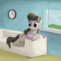 Size: 4000x4000 | Tagged: safe, artist:flusanix, imported from derpibooru, octavia melody, earth pony, pony, clock, couch, female, food, looking at something, mare, popcorn, relaxing, solo, window