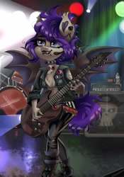 Size: 3500x5000 | Tagged: safe, artist:irinamar, imported from derpibooru, oc, oc only, anthro, bat pony, pegasus, bikini, bikini top, breasts, cleavage, cleavage fluff, clothes, commission, female, guitar, jacket, jewelry, midriff, musical instrument, necklace, piercing, solo, swimsuit