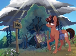 Size: 1622x1200 | Tagged: safe, artist:sepistys, imported from derpibooru, oc, oc only, pony, unicorn, bag, cloud, cloven hooves, crepuscular rays, fence, flower, forest, map, road sign, saddle bag, solo, tree