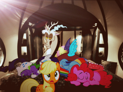 Size: 1882x1409 | Tagged: safe, imported from derpibooru, applejack, discord, fluttershy, pinkie pie, rainbow dash, rarity, spike, bed, sleeping, vector