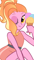 Size: 1080x1920 | Tagged: safe, artist:sallyso, imported from derpibooru, luster dawn, equestria girls, alternate hairstyle, belt, clothes, dress, equestria girls-ified, eyeshadow, female, food, ice cream, ice cream cone, makeup, neapolitan, one eye closed, simple background, solo, white background, wink