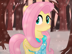 Size: 800x600 | Tagged: safe, artist:bluenightkitty, artist:queenbluestar, imported from derpibooru, fluttershy, pegasus, pony, blushing, clothes, cute, female, forest, hoodie, looking away, mare, shyabetes, snow, snowfall, solo, tree, winter